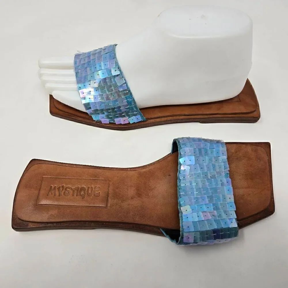 MYSTIQUE BLUE SEQUIN SHINY TOOLED BROWN LEATHER SLIDE SANDALS WOMENS SIZE 6